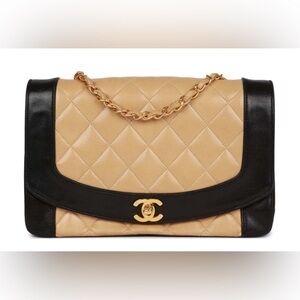 CHANEL Medium Diana Flap Bag Black & Beige Lambskin Leather Gold Hardware Bag